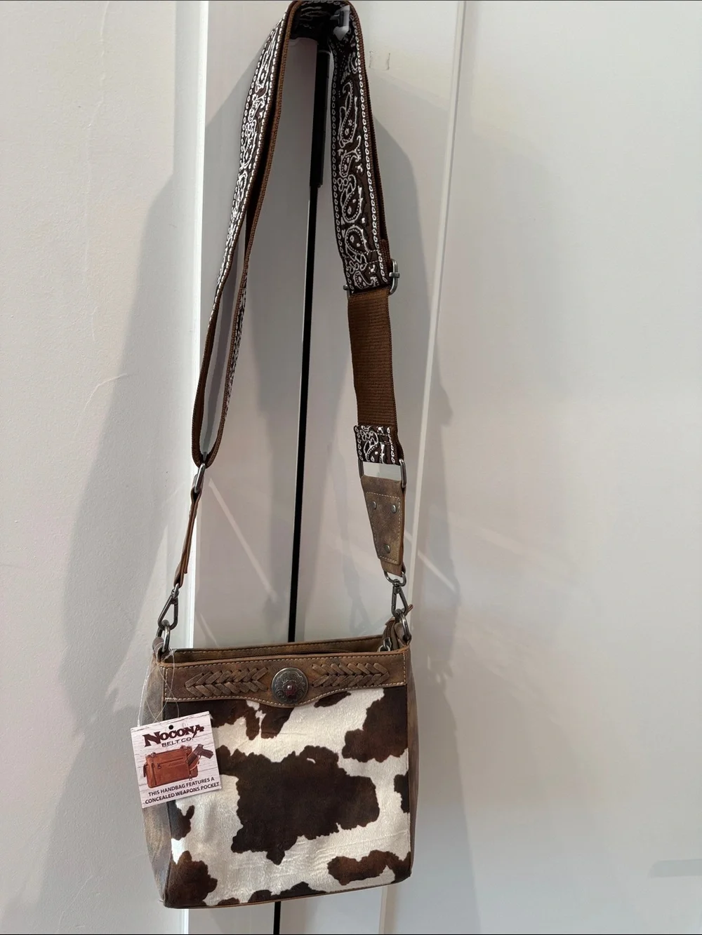Cowhide Crossbody Bag with Patterned Strap - Brown/White